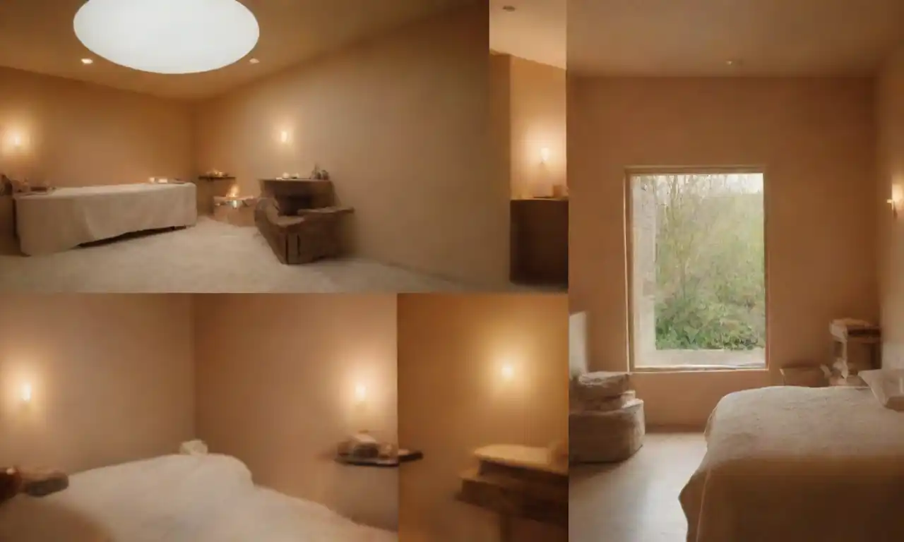Una imagen dividida que muestra un spa sereno en un lado y un centro de bienestar rejuvenecedor en el otro.