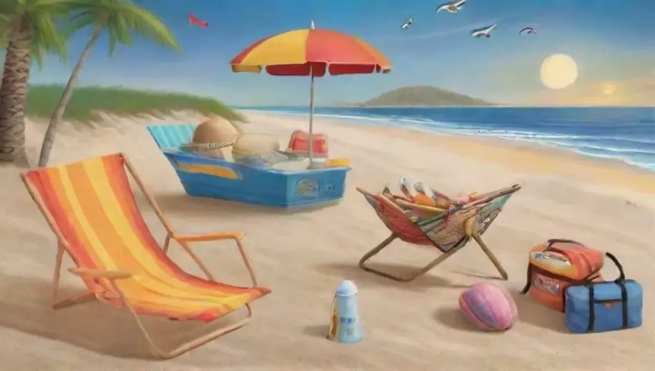 Una escena vibrante de playa con familia, sol, maletas, comida y un atardecer dorado