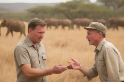 Guía mediando un desacuerdo entre los turistas mientras observan la vida silvestre en un entorno safari.