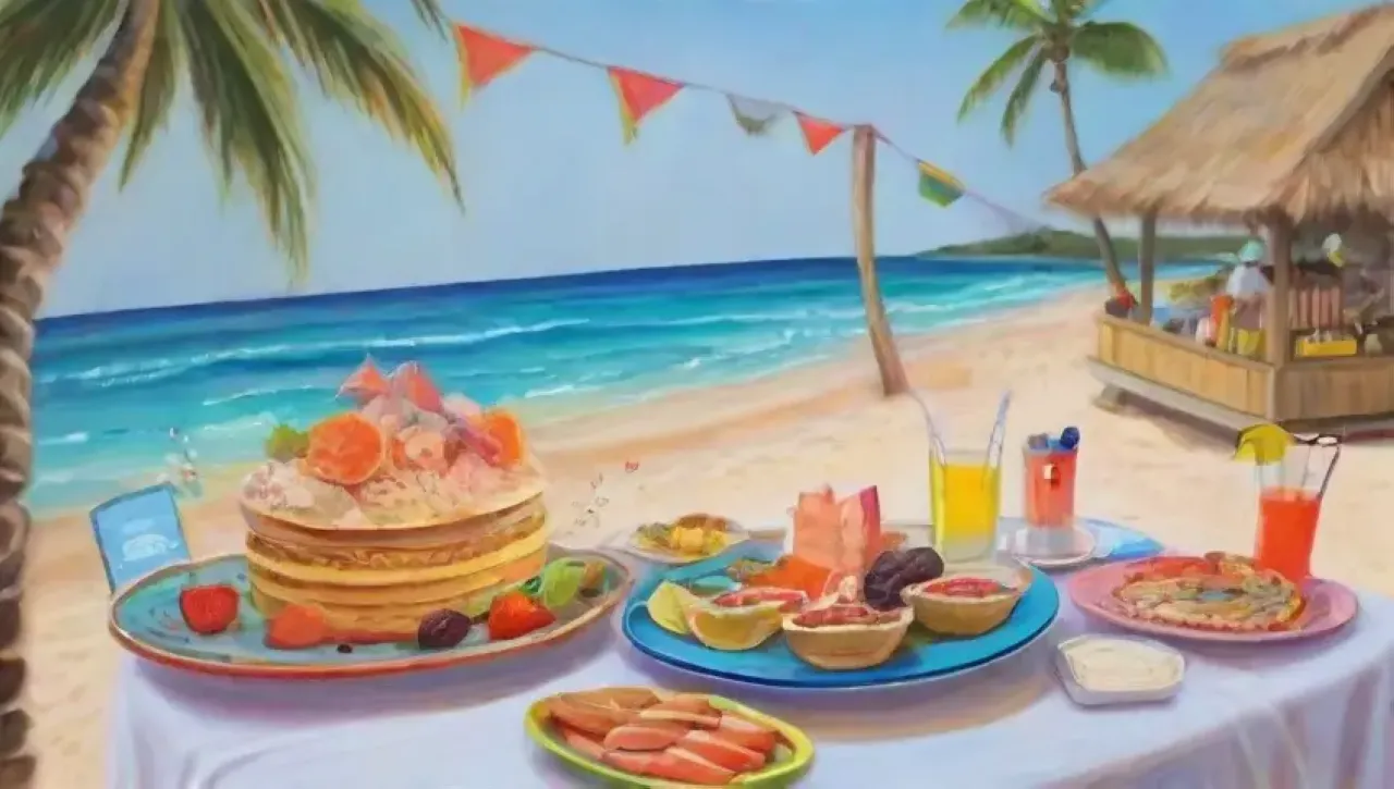 Escena vibrante de playa con arena dorada, olas turquesas, risas y delicias culinarias al atardecer