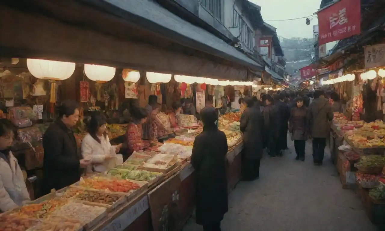 Vibrant street market scene in South Korea