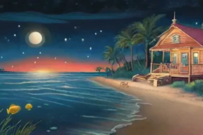 Una escena costera serena bajo la luna