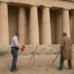 Expertos inspeccionando y restaurando un antiguo sitio con barreras protectoras y herramientas de conservación.