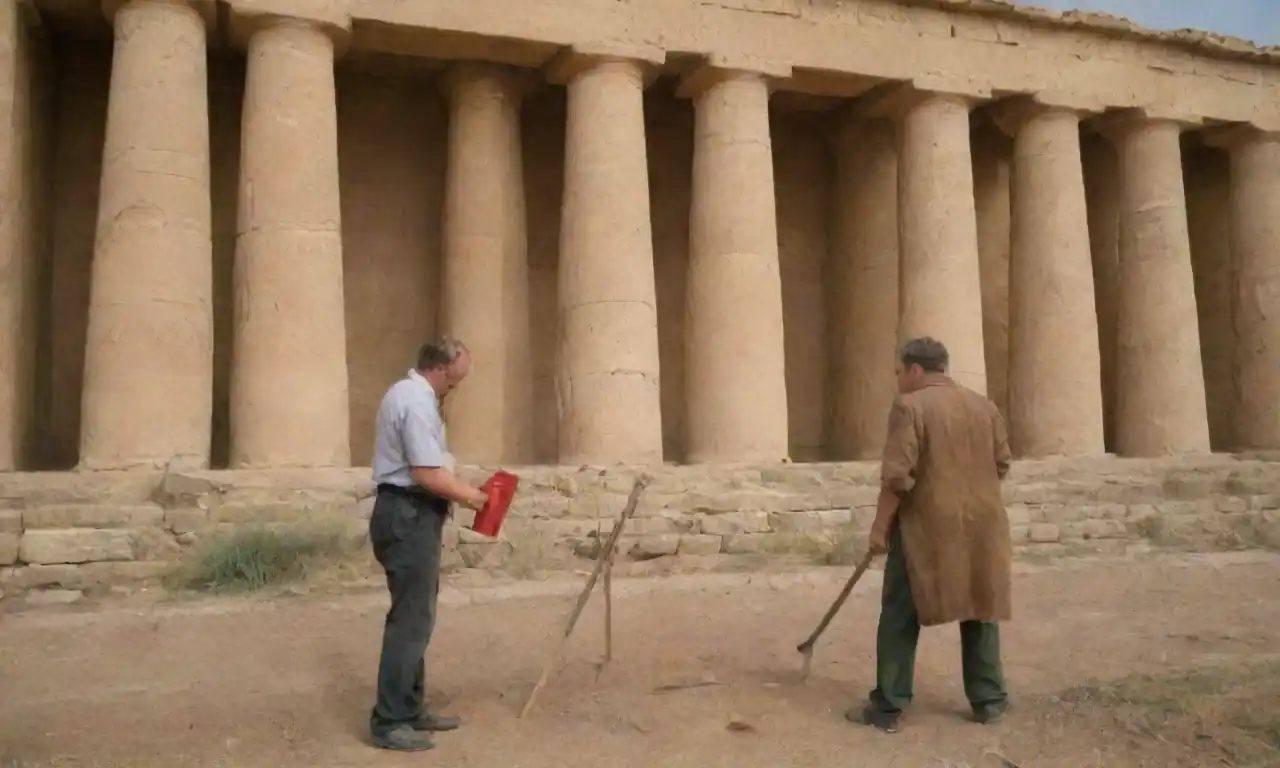 Expertos inspeccionando y restaurando un antiguo sitio con barreras protectoras y herramientas de conservación.