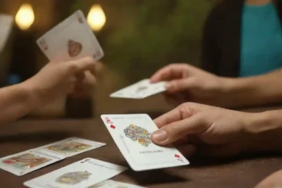 Grupo de aventureros intercambiando tarjetas en un entorno natural.