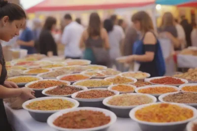 Persona muestra diversos platos en una vibrante feria de comida