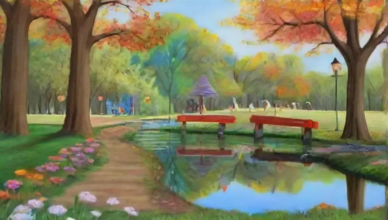 Un parque vibrante y sereno lleno de naturaleza, risas y arte