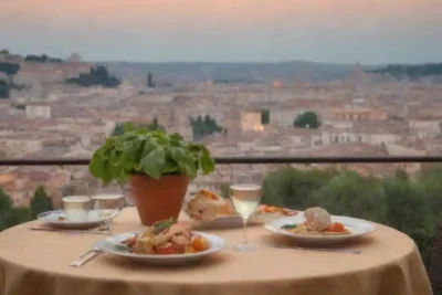 Mesa con deliciosos platos italianos y una vista panorámica de Roma en el fondo.