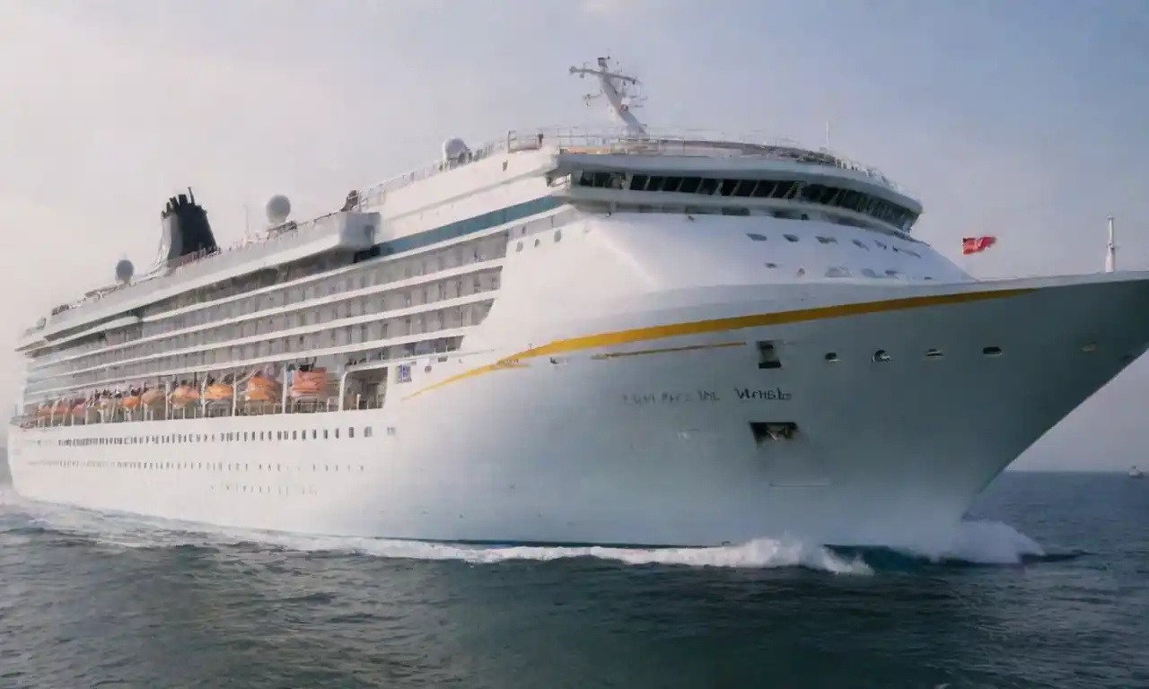 Nave crucero colorido con banners promocionales que muestran descuentos y ofertas.