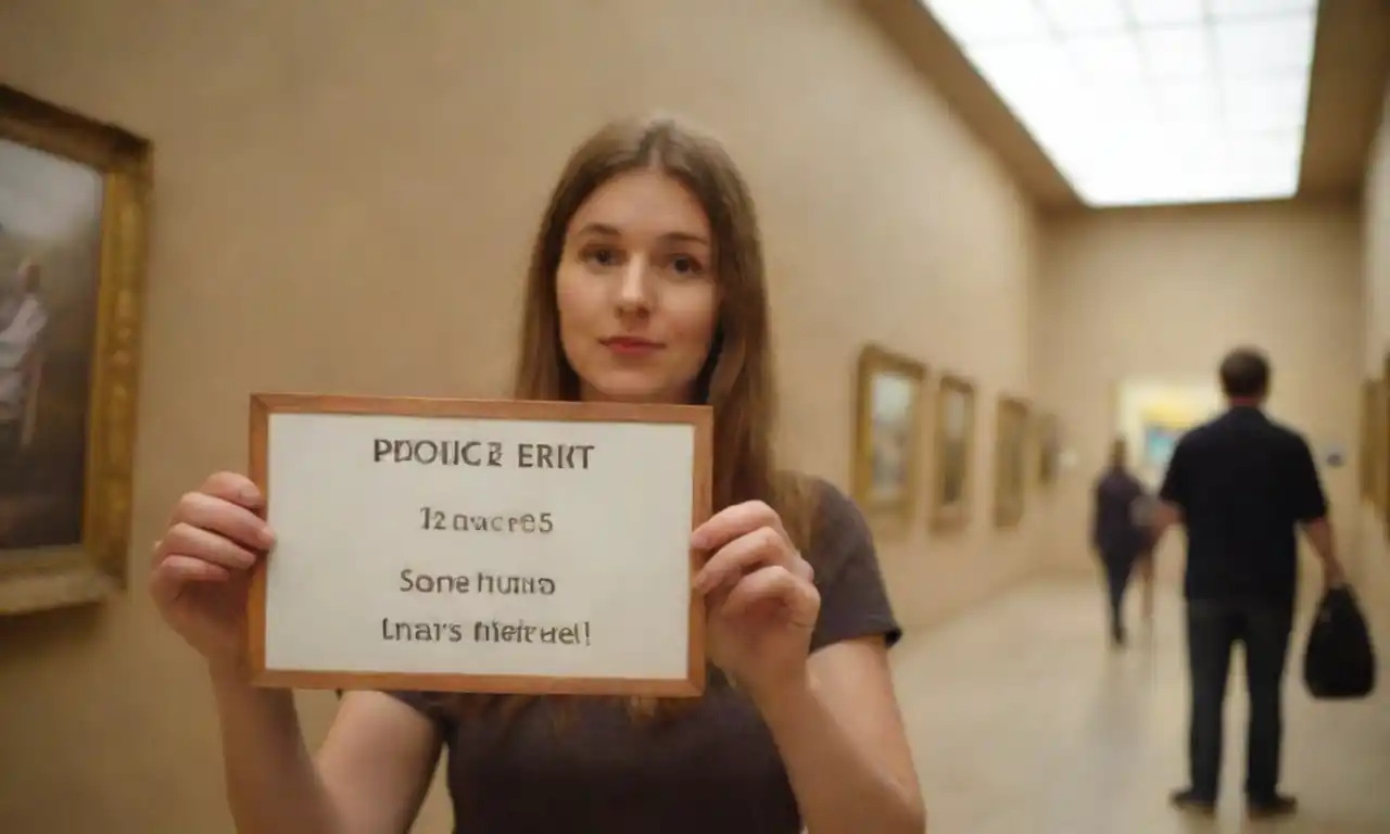 Visitante tomando fotos en un museo con señal indicando reglas de fotografía.