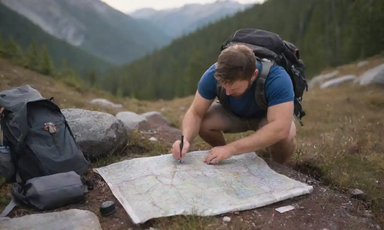 Persona estudiando un mapa de senderismo con engranajes establecidos en un entorno natural.