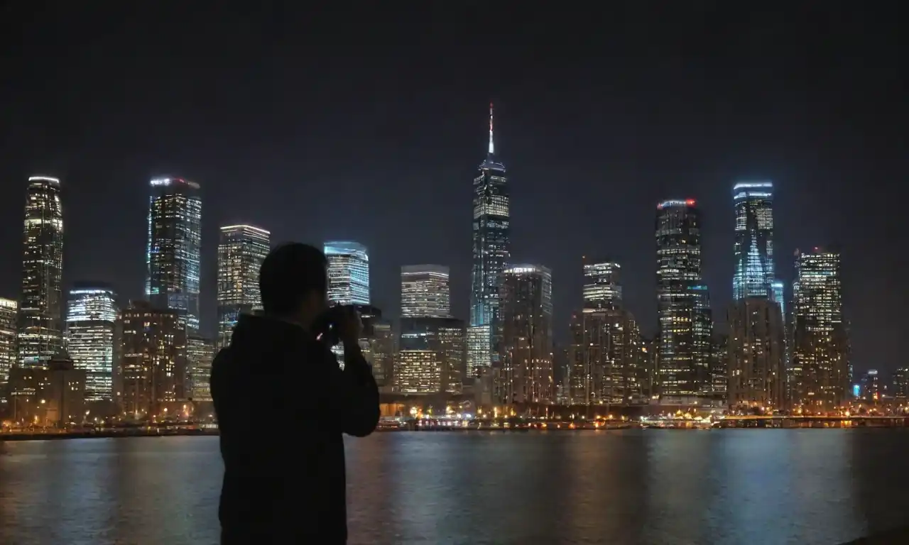 Un impresionante skyline de la ciudad por la noche, edificios iluminados, y un fotógrafo capturando la escena.