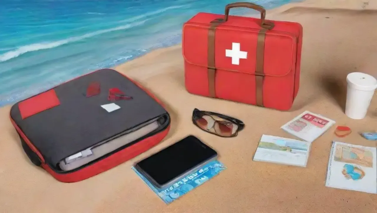 Un fondo azul brillante con íconos de viaje, una maleta, un mapa, una brújula, una cámara, un cuaderno, una taza de café, un calendario, un teléfono, gafas de sol, un botiquín, una almohada de viaje, una lista de verificación, un globo terráqueo, chanclas, una mochila, una guía de viaje, un reloj de zonas horarias, pases de abordar, una manta y una bombilla