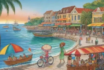 Escena vibrante de playa con sombrillas