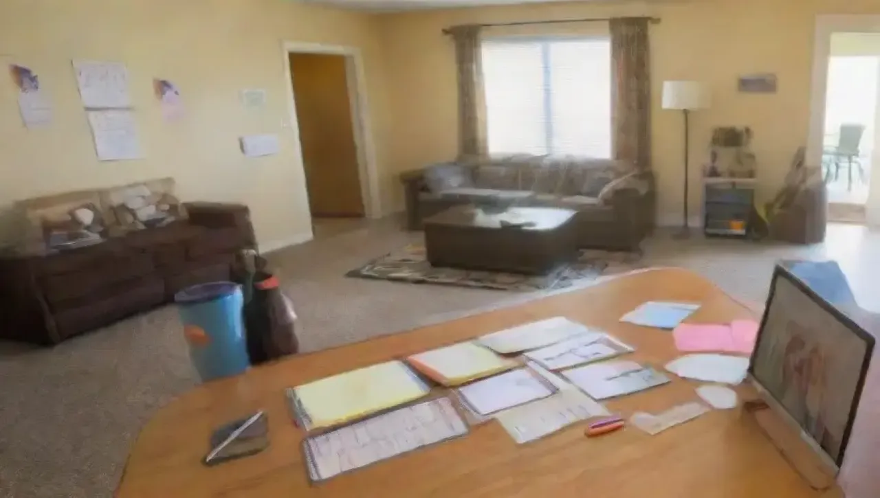 Una familia se reúne en una sala acogedora, rodeada de coloridos gráficos, notas adhesivas y risas