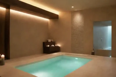 Un spa moderno con equipos avanzados de terapia y áreas de relajación serena.