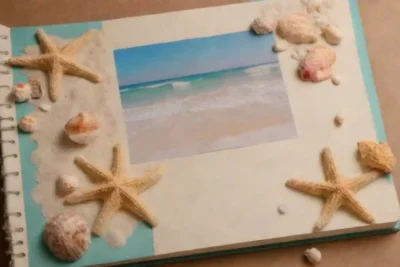 Coloridas fotos de playa exhibidas en un álbum de recortes con costuras y decoraciones.