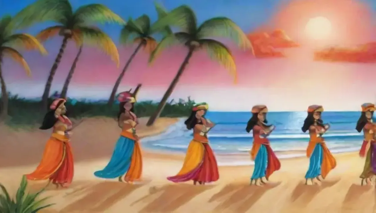 Una celebración vibrante en la playa llena de colores, risas y tradiciones
