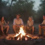 Un narrador animadamente compartiendo experiencias safari alrededor de una fogata con un público ansioso.