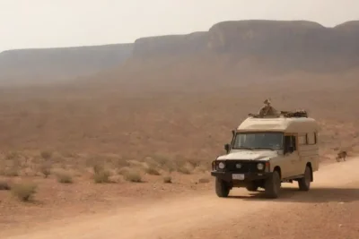 Un vehículo safari que observa la fauna silvestre en un paisaje seco
