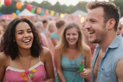 La gente socializa y se ríe de un festival vibrante con decoraciones coloridas.