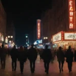 Grupo de personas que exploran un vibrante distrito de teatro urbano con carteles y luces marqueas.