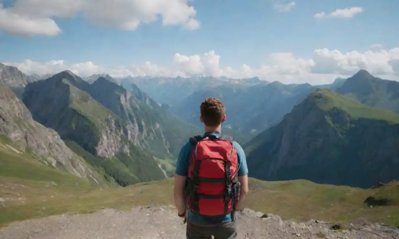 Persona con una mochila mirando a un paisaje impresionante