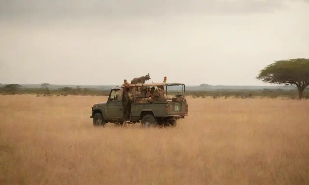 Un grupo de turistas observando la vida silvestre de un vehículo safari en un paisaje de sabanas.