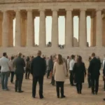 Grupo de personas planificando un evento al aire libre frente a un monumento icónico.