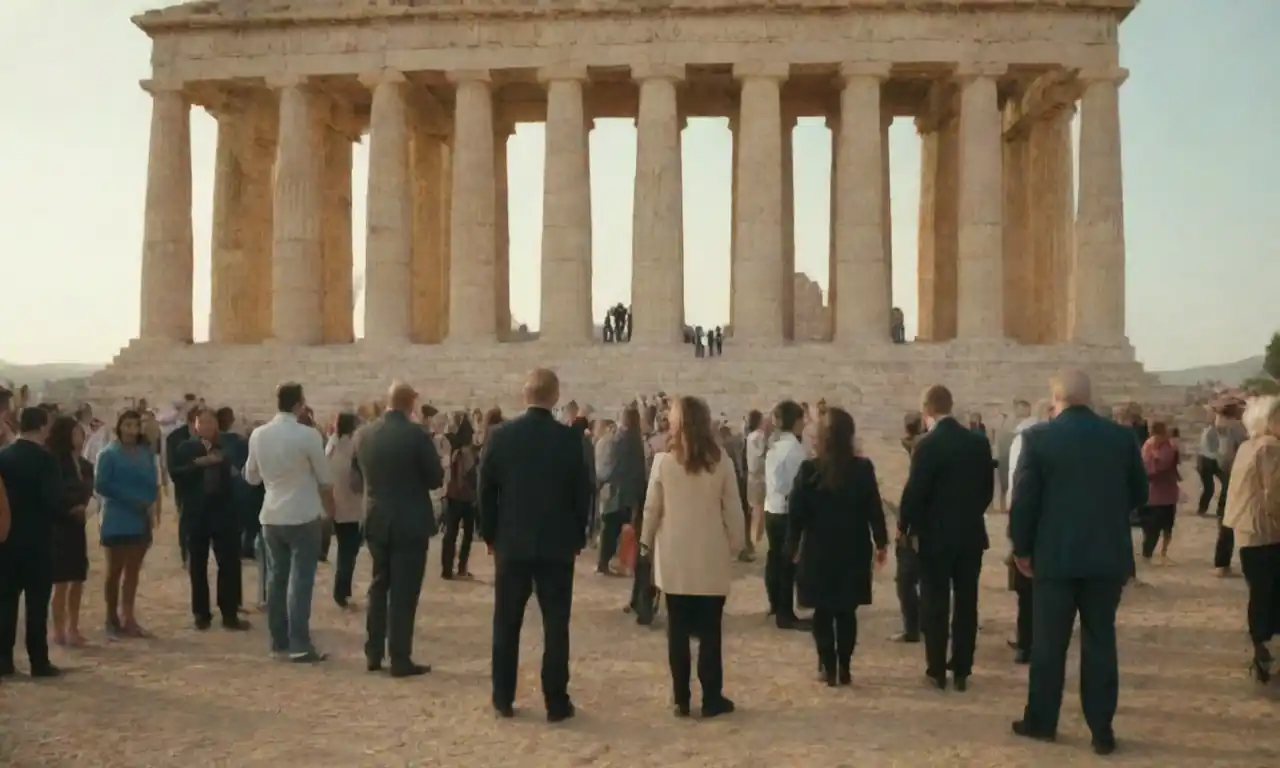 Grupo de personas planificando un evento al aire libre frente a un monumento icónico.