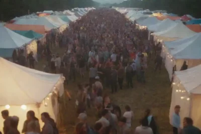 Crowd of festival-goers check into organized tent camping with clear signage.