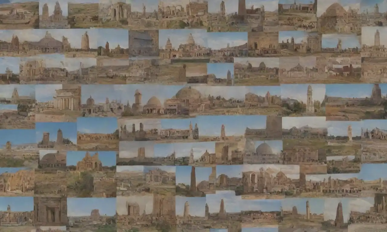 Un collage de monumentos icónicos con etiquetas destacando su significado histórico.