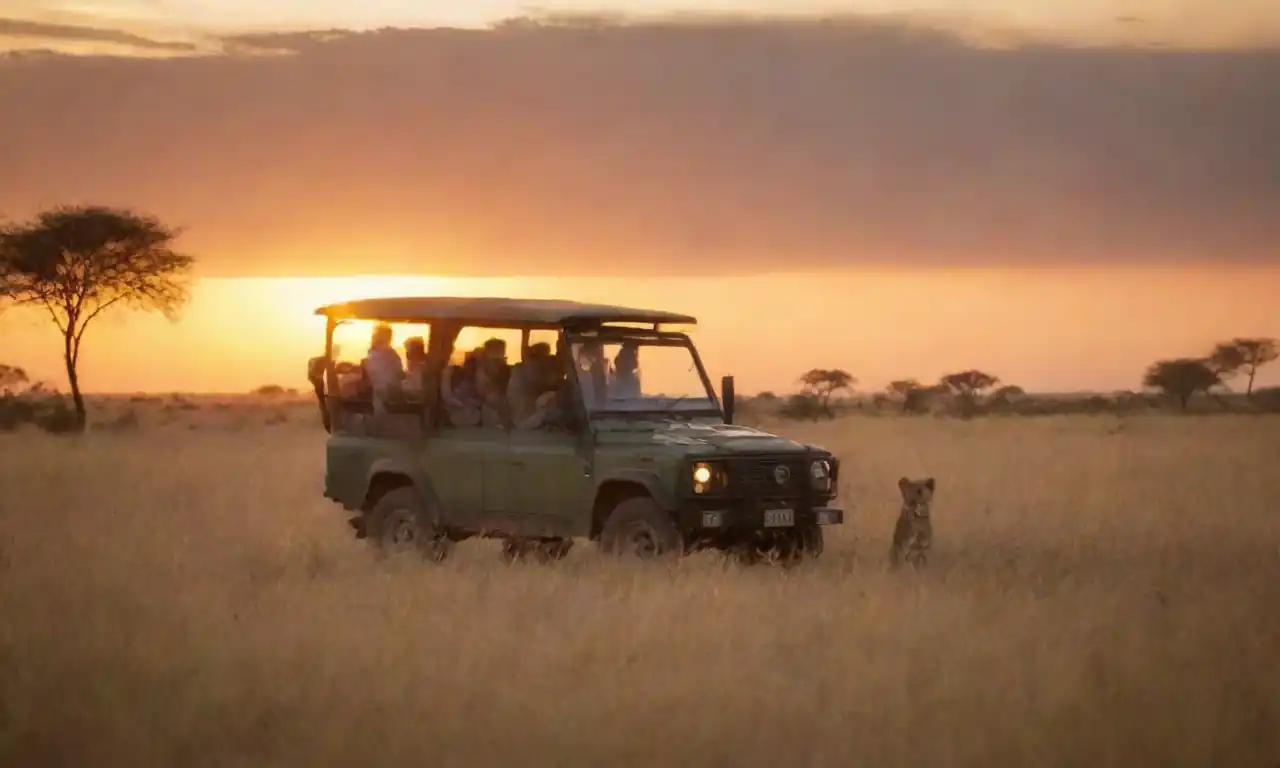 Un grupo de viajeros que observan fauna silvestre en un safari de puesta de sol en África.