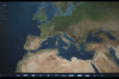 Pantalla de computación que muestra mapas interactivos y archivos en línea del patrimonio cultural.