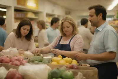 Grupo de personas con bolsas de compras en un bullicioso mercado