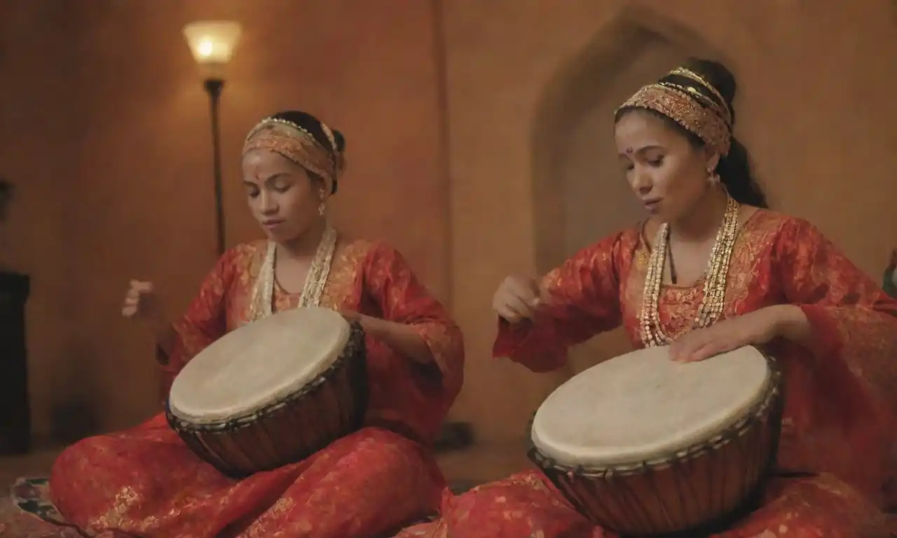 Artistas y músicos locales interpretando arte tradicional en un ambiente cultural vibrante.