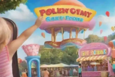 Un parque de atracciones vibrante lleno de familias felices