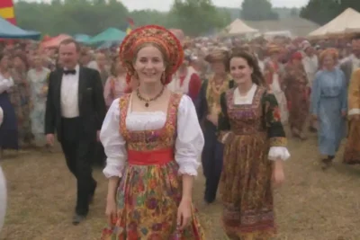 Colorida escena del festival rural con trajes tradicionales