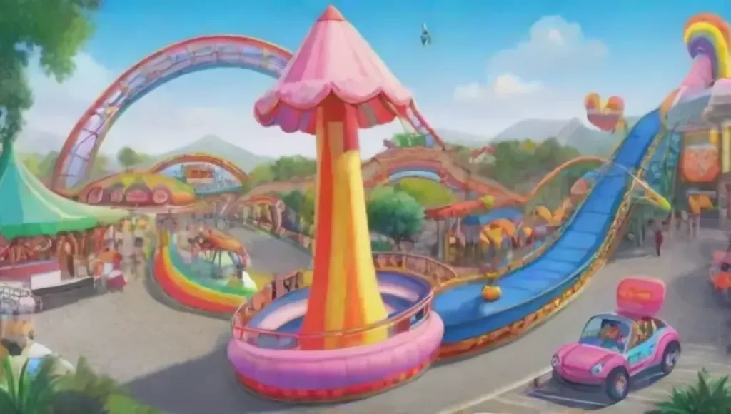 Un parque de diversiones lleno de color