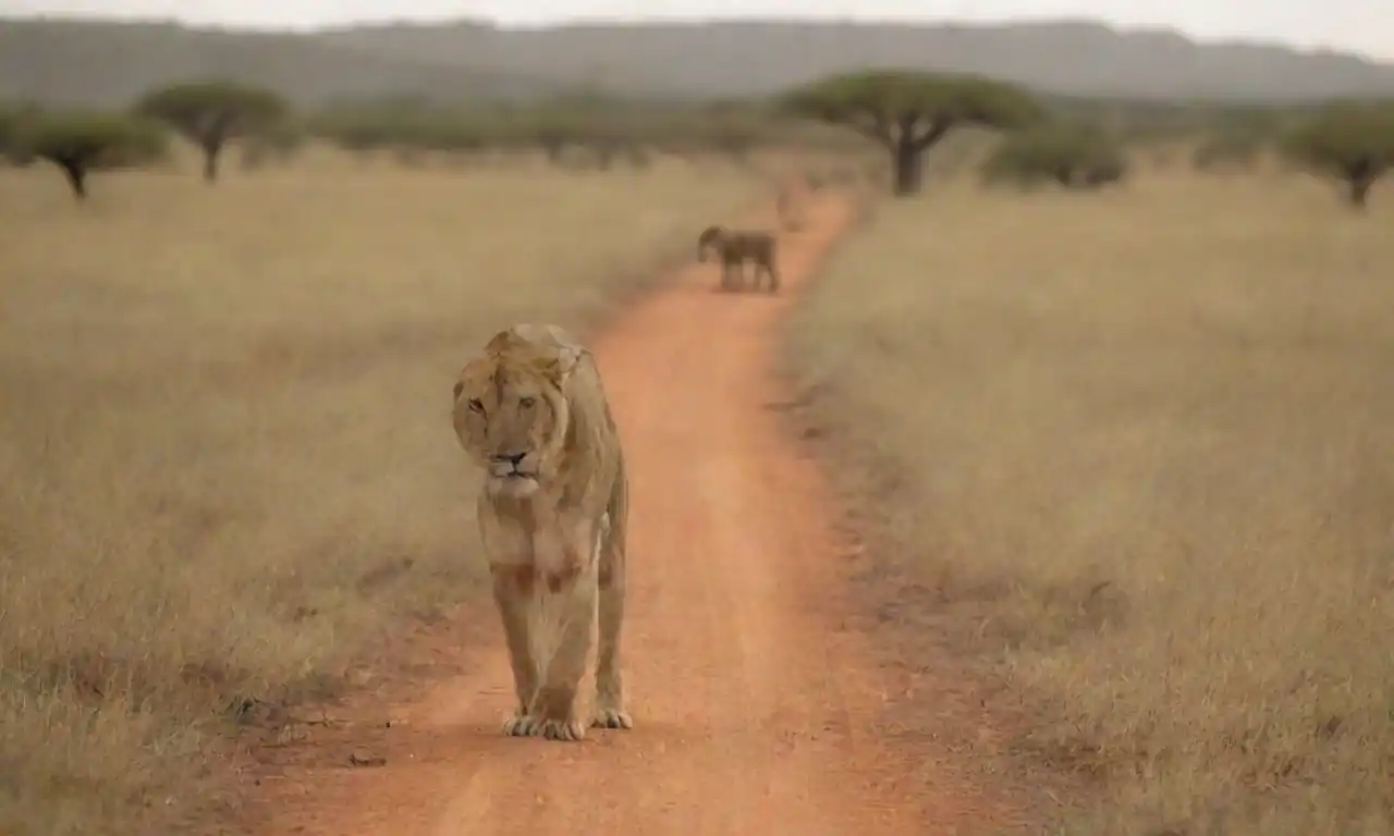 Guía narrando una historia mientras turistas observan animales en un paisaje africano.