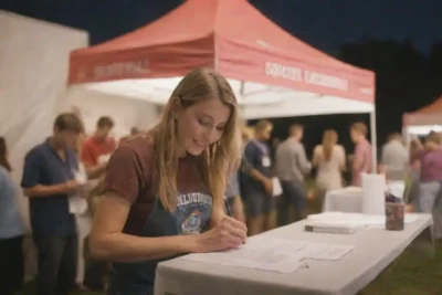 Persona firmando en una cabina voluntaria con decoraciones de festivales en el fondo.