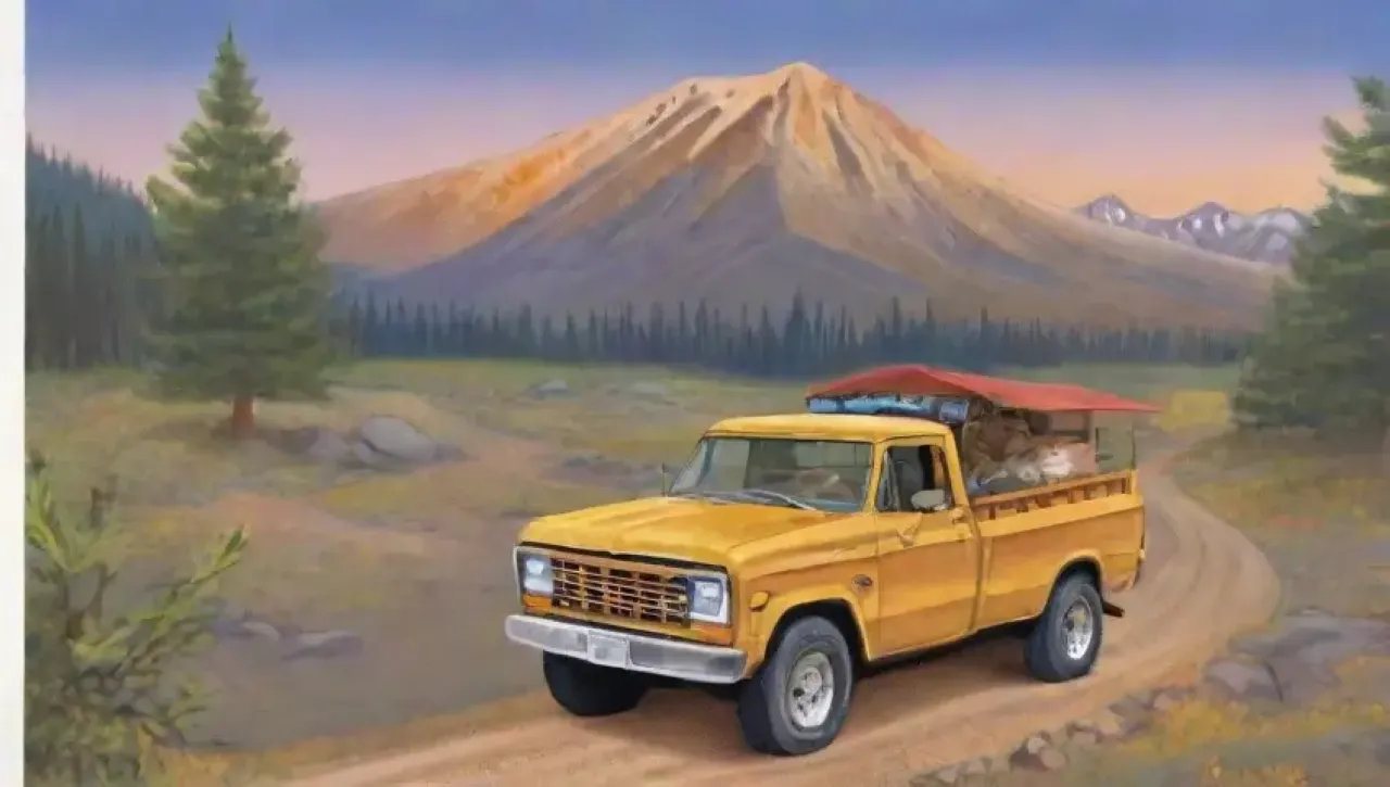 Un paisaje montañoso con un camión solitario, un pueblo pequeño y un atardecer dorado