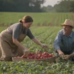 Los agricultores cosechan productos frescos y locales en un entorno agrícola sostenible.