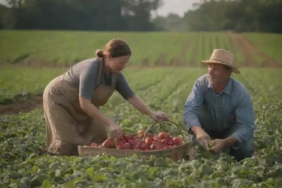 Los agricultores cosechan productos frescos y locales en un entorno agrícola sostenible.