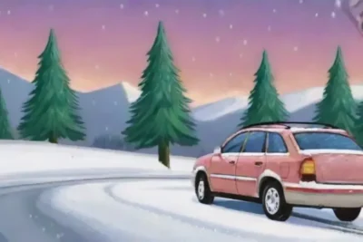 Un coche avanza por un camino nevado mientras cae nieve y se siente una atmósfera de precaución