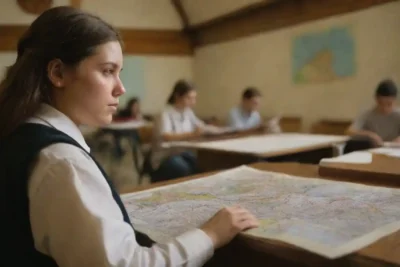 Estudiante observando mapas y formaciones rocosas de montañas en un aula.