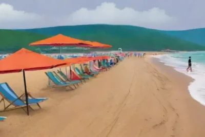Escena de playa vibrante y en transición con tormentas