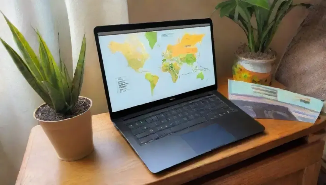 Un acogedor rincón de viaje con mapas, laptop, café, globos, postales y recuerdos