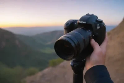 Fotógrafo capturando montañas al amanecer con una cámara en mano.