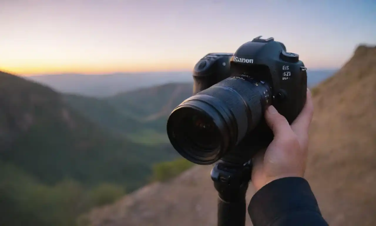 Fotógrafo capturando montañas al amanecer con una cámara en mano.